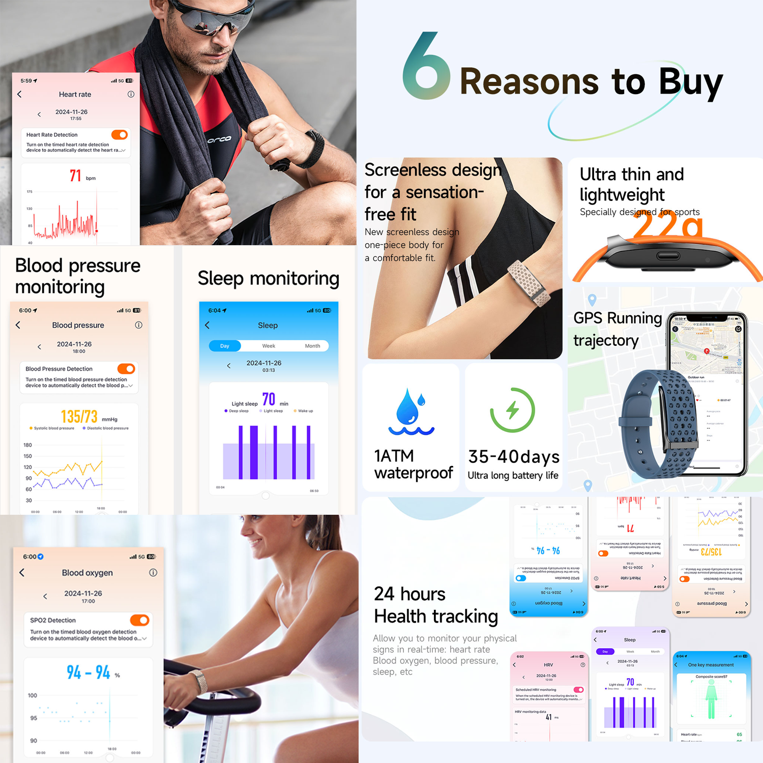 H59 Smart Band Bracelet Screenless IP68 Waterproof Android App Control 20-30 Days Battery Life AI Health Analysis Heart Rate