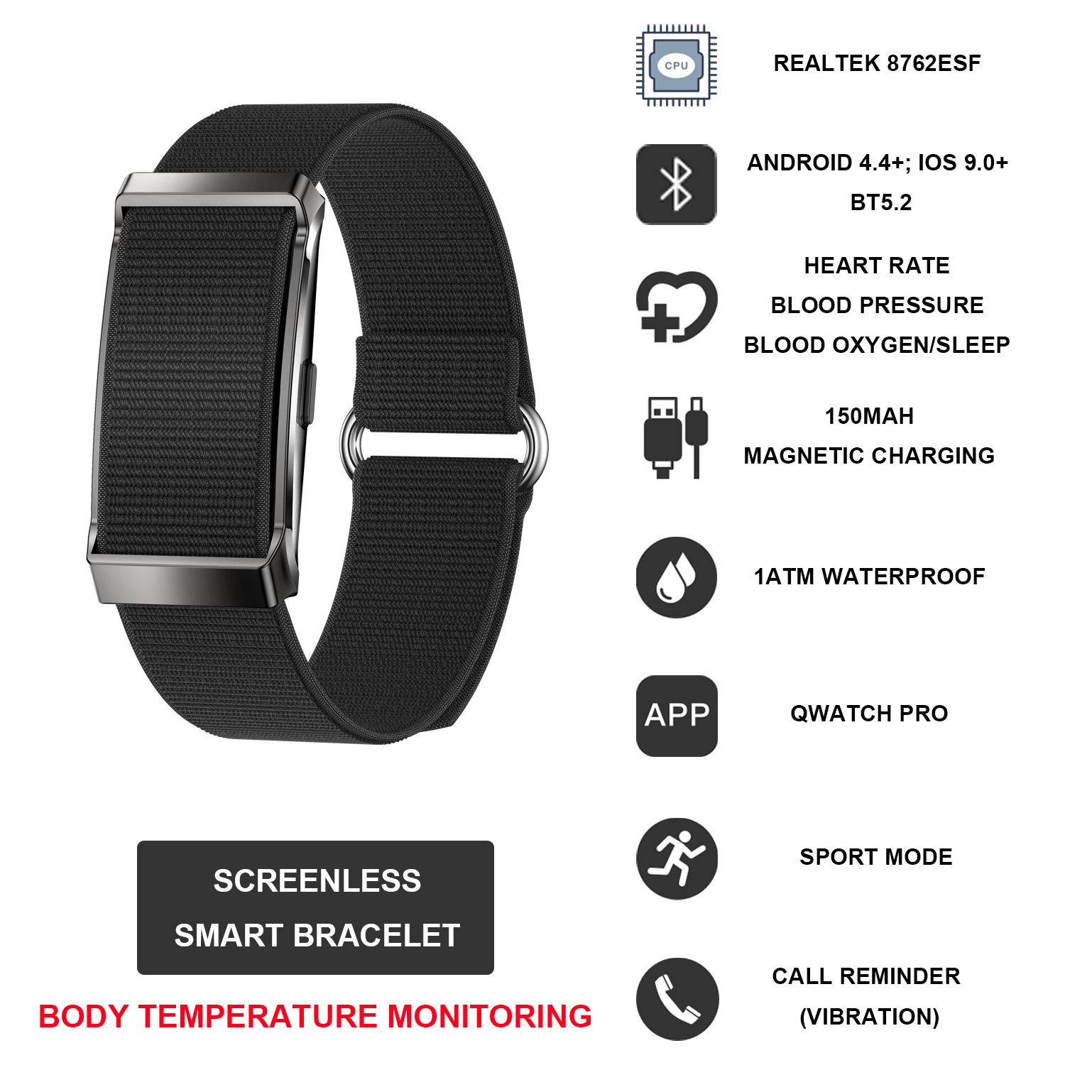 DS07 Screenless Smart Fitness Tracker Band Body Temperature Blood Oxygen Heart Rate Monitor 170 Sports Modes Long Standby BT5.2