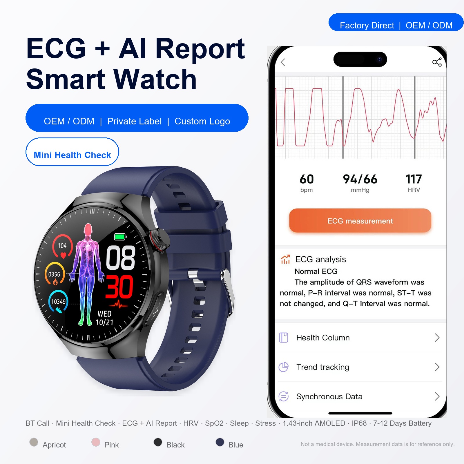 TK26P 1.43 Inch AMOLED Smart Watch ECG HRV Blood Oxygen Heart Rate Sleep Monitor IP68 BT Call Fitness Tracker AI Voice Assistant